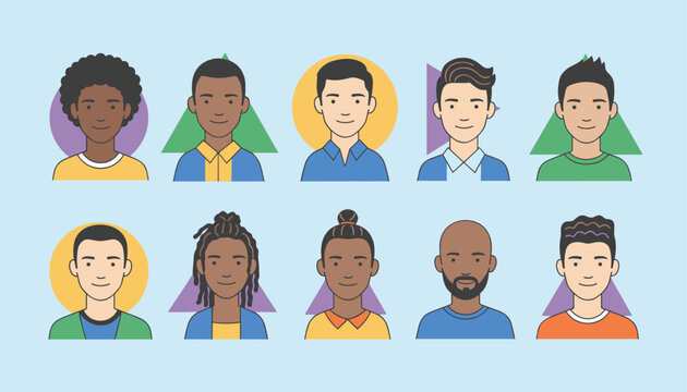 Diverse collection of ten male avatars represented with minimalist colorful geometric backgrounds.