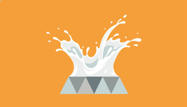 Dynamic milk splash rising from a series of gray triangle shapes on a vibrant solid orange background.