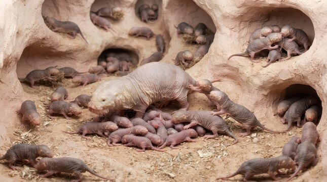 Naked Mole Rat Colony: A nurturing matriarch leads a thriving colony of naked mole rats, with numerous pups gathered around in their underground burrow, showcasing communal living and survival.