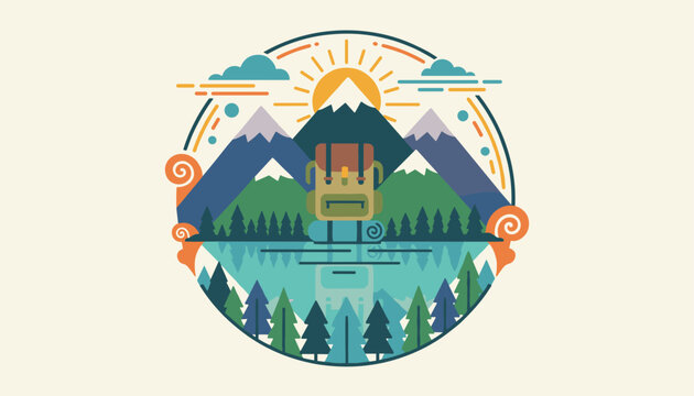 Adventure hiking round emblem featuring a backpack in front of pine trees, high mountains, and lake reflection.