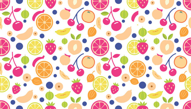 Colorful seamless pattern containing a rich variety of hand drawn organic summer fruits over white background.