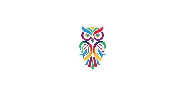 Creative geometric owl logo designed with vibrant rainbow colors and electronic circuit details on white.