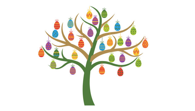 Beautiful Easter tree decorated with colorful hanging decorated eggs against clean white background.