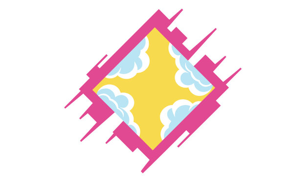 Abstract graphic design with pink square frame showing stylized blue clouds in a bright yellow sky background.