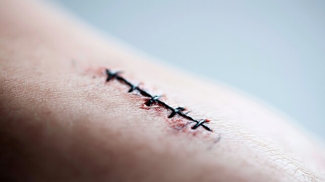 Fresh wound on human skin showing surgical sutures, demonstrating medical healing process and post surgery care