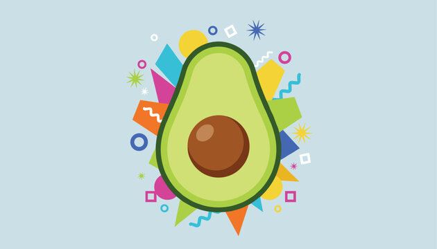 Half cut fresh avocado with a large brown seed decorated with colorful geometric shapes on blue background.
