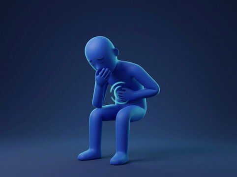 3D character feeling nauseous and holding their stomach