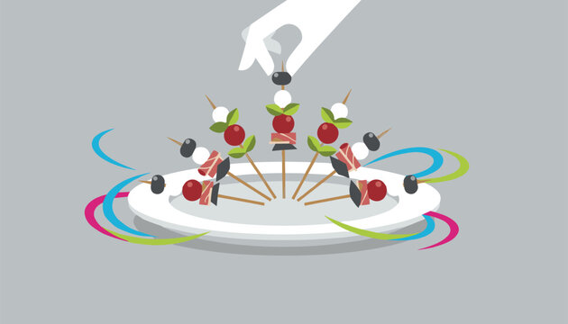 Minimalist illustration of a hand picking a fresh caprese salad skewer appetizer from a white round plate.