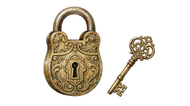 Vintage ornate padlock and key isolated on transparent background