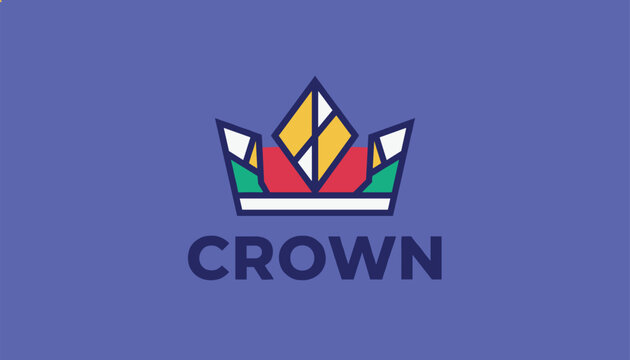 Bold corporate crown logo design showing modern colorful geometric segments in yellow, white, red, and green on purple.