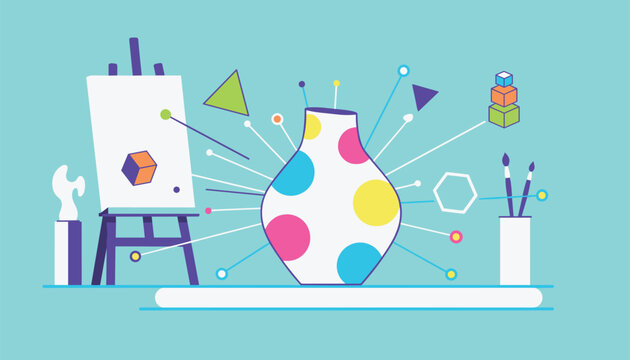 Creative art studio illustration featuring a colorful polka dot ceramic vase and canvas on wooden easel.