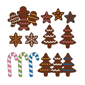 A Collection of Decorative Gingerbread Cookie Illustrations Featuring Classic Christmas Shapes and Colorful Icing Details