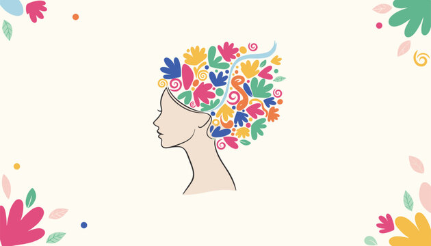Elegant profile silhouette of a woman whose beautiful hair is made of colorful abstract floral shapes and leaves.