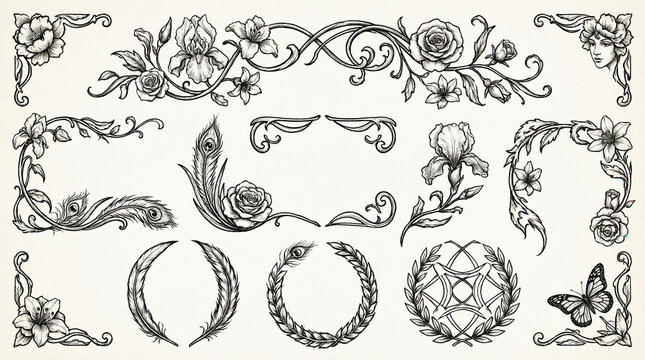 Floral decorative elements and botanical corner borders hand drawn in monochrome ink sketch style.