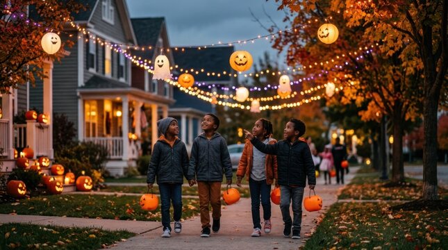 Halloween Night in Suburbia: Children in costume walk down a suburban street adorned with Halloween decorations, pumpkins, and festive lights, eager for trick-or-treating on a crisp autumn evening.