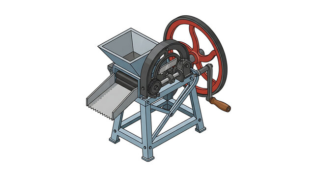 An isometric illustration of a manual chaff cutter machine used for processing agricultural animal fodder