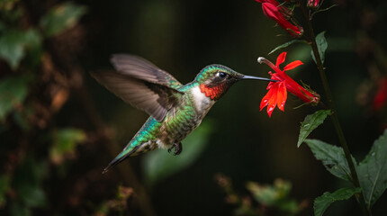 Fototapeta premium Ruby-throated hummingbird feeds on bright red tubular flower in motion