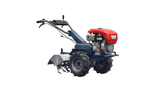 Low poly 3d illustration of a motorized power tiller used for agricultural soil cultivation work with plain white background