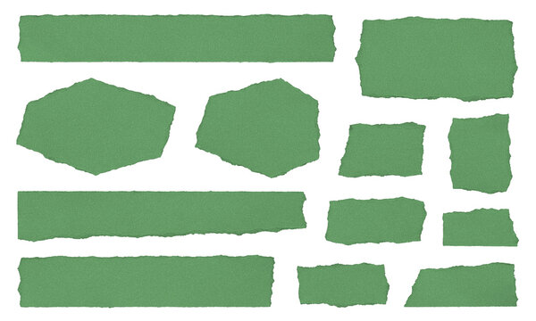 Set of torn ripped green textured paper scraps and craft cardboard strips isolated on transparent background