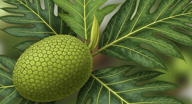 Green unripe breadfruit growing on a leafy branch with soft bokeh background natural light