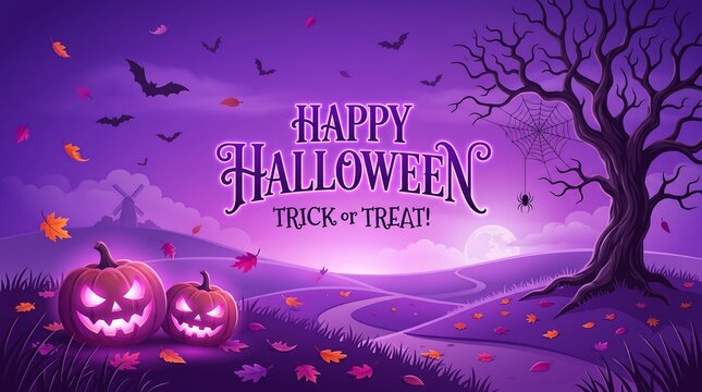 Happy halloween trick or treat poster with glowing pumpkins, spooky tree, and bats in a purple landscape at night