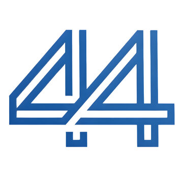 A clean blue typographic logo featuring the number '44' centered on a white square backdrop inside a blue geometric frame.