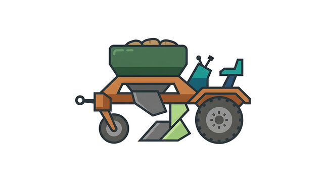 A stylized flat vector icon of a potato planter machine isolated on white background with vector illustration style