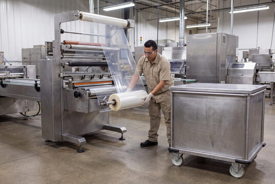 Worker Feeding Plastic Film Into Packaging Machine
