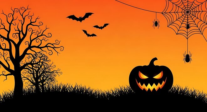 Spooky Halloween illustration with a jack-o'-lantern, bats, and a spiderweb against an orange gradient sky