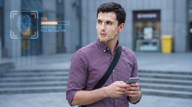 Identity face scanner biometric facial recognition man smartphone urban building. Facial recognition identification system. cyber security privacy protection safety, person access verification