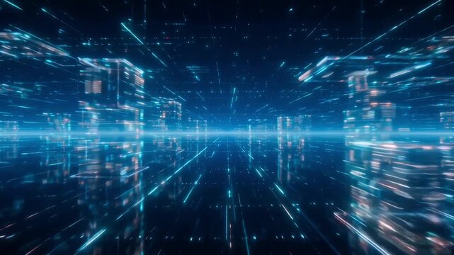 Digital data stream moving through a futuristic glowing blue city landscape in this dynamic motion footage