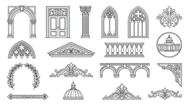 Comprehensive collection of traditional architectural elements featuring classical columns, ornate pediments, graceful arches, and historical building features rendered in clear black outlines.