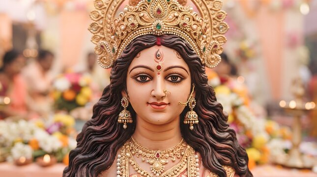 A stunning close up portrait of goddess durga during the vibrant and joyous durga puja festival celebrations in india