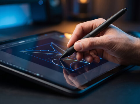 Digital Artist Hands Drawing Glowing Polygonal Shape On Graphics Tablet Screen