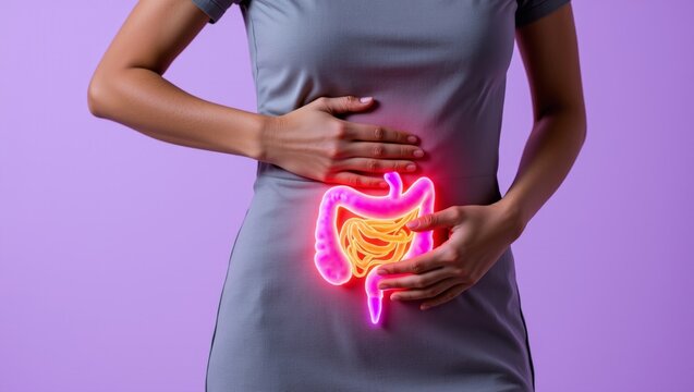 Woman experiencing abdominal pain with glowing intestines, highlighting digestive health and gut discomfort