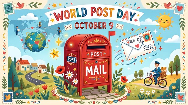 World post day illustration with red mailbox
