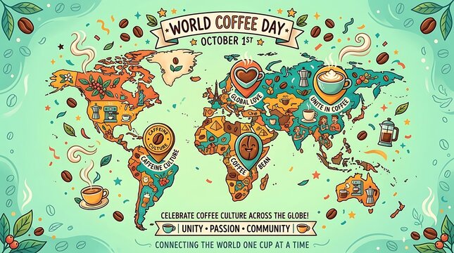 World coffee day colorful world map illustration