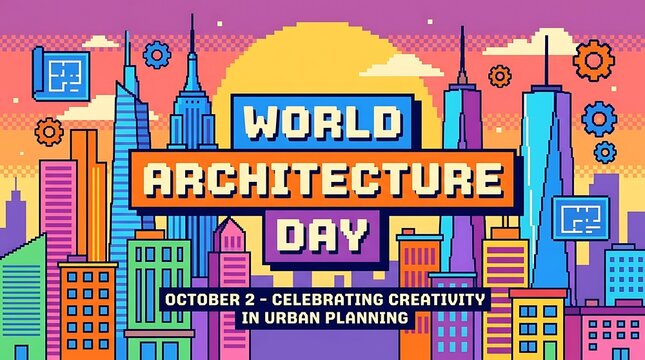 World architecture day pixel art celebration banner