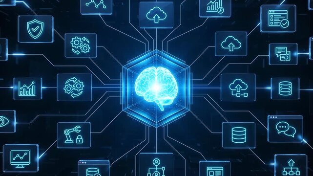 Glowing digital human brain hologram inside futuristic geometric cage with data server screens in background