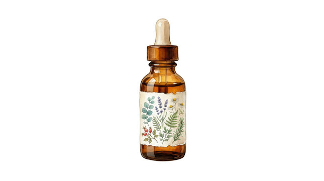A dropper bottle filled with herbal oil, isolated on transparent background