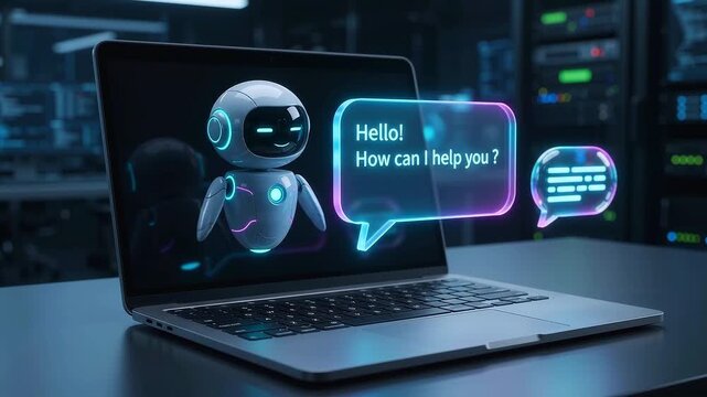 Cute white robot assistant laptop screen displaying neon speech bubble greeting customer service