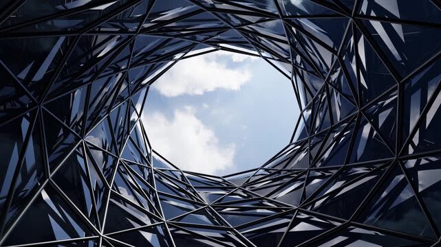 Abstract architecture background, Faceted metallic tunnel structure spiraling around circular opening to cloudy sky, Modern Exterior, 3D animation
