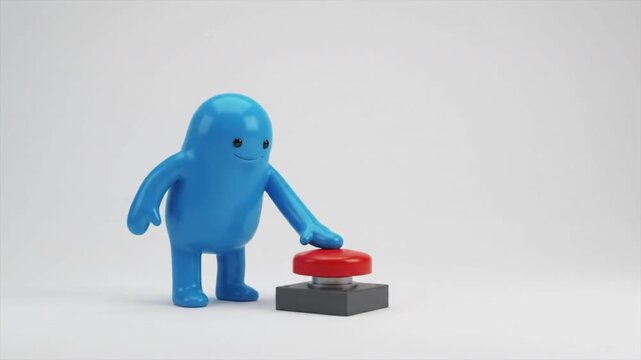 3D blue character pushing red button on white background