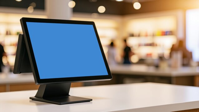 Modern touchscreen point of sale system on white counter in retail store, blank blue screen for mockup