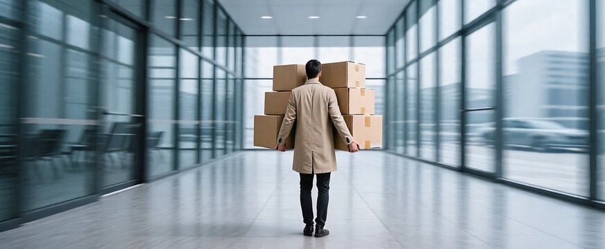 Back View of Man Carrying Stacked Cardboard Delivery Boxes Through Office Lobby, Cyber Monday 2026 