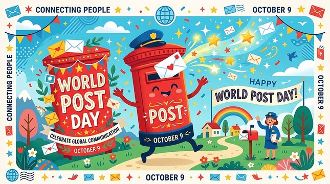 Happy world post day colorful illustration with mailbox and post office character