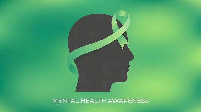 Mental health awareness ribbon on head silhouette