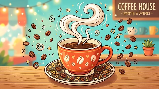 Colorful coffee cup with steam and coffee beans illustration