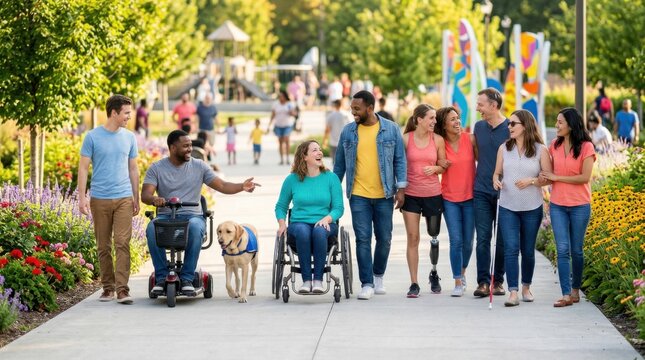 A diverse group walking in a park, some with wheelchairs and a guide dog.