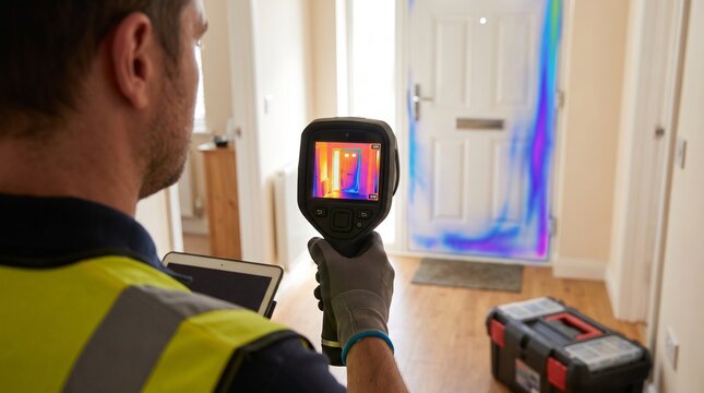Energy auditor scanning a residential front door with a thermal imaging camera to detect heat loss and insulation issues